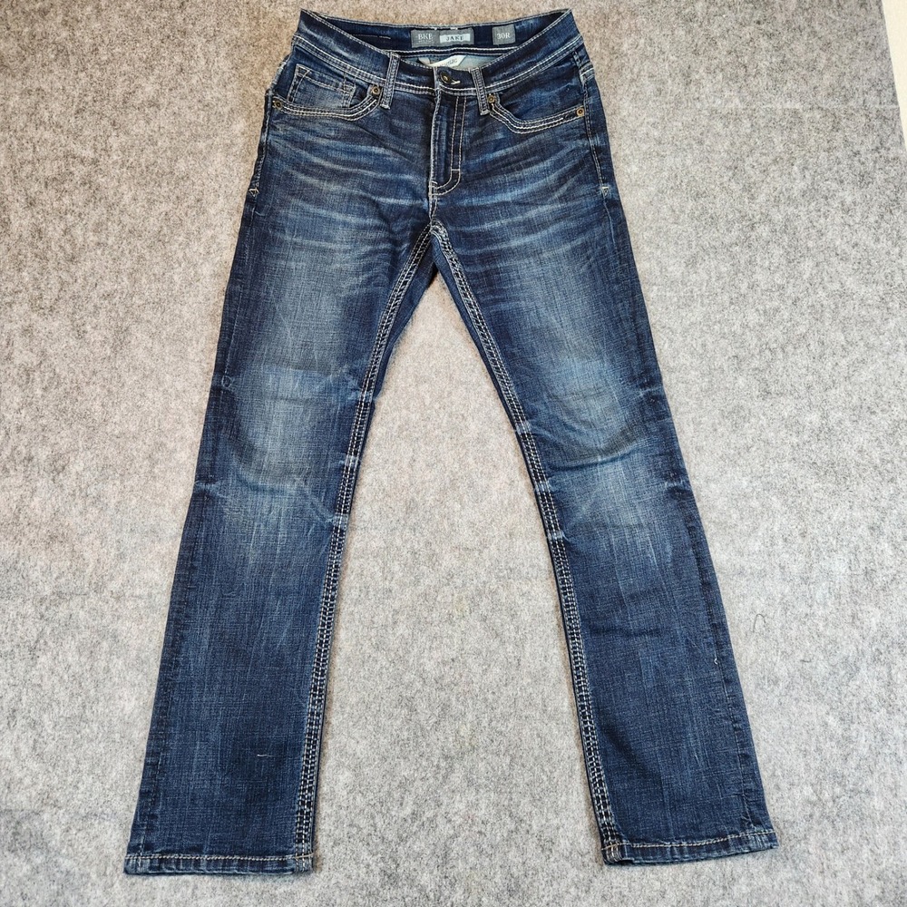 BKE Jake Straight Leg Jeans Men 30R Blue Dark Wash Denim Contrast Stitch Rugged